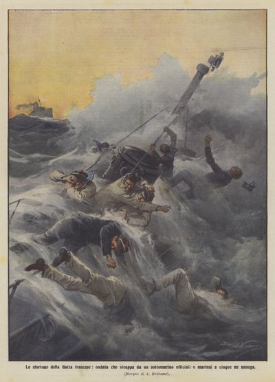Ulykken til den franske flåten, en bølge som snapper offiserer og sjømenn fra en ubåt og drukner fem av Achille Beltrame