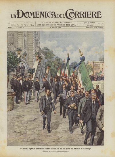 De piemontesiske arbeiderforeningene paraderer foran kongen i parken til Racconigi-slottet av Achille Beltrame