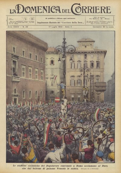 Sykkelstafettene til Dopolavoro samlet i Roma hyldest til Duce, det fra balkongen? av Achille Beltrame