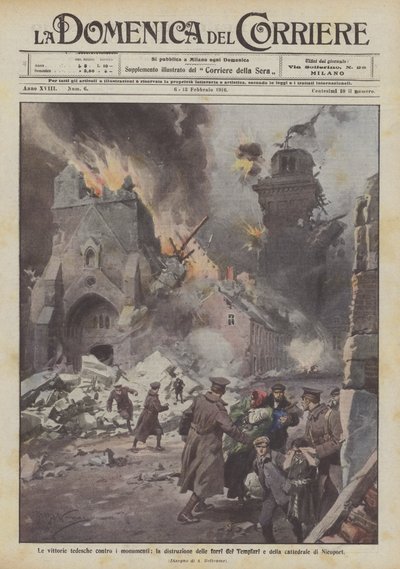 De tyske seirene mot monumentene, ødeleggelsen av tempelherrenes tårn og katedralen i Nieuport av Achille Beltrame