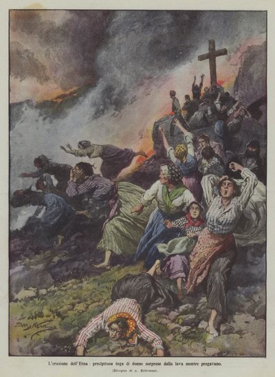 Etna-utbruddet, en bratt flukt av kvinner overrasket av lavaen mens de ba av Achille Beltrame