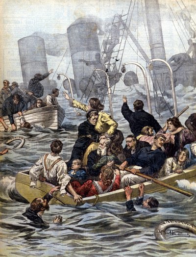 Maritime dramaer: senkingen av rutebåten Wallawalla lastet med gullgravere fra Klondike. Illustrasjon av Beltrame. Domenica del corriere. 1902 av Achille Beltrame