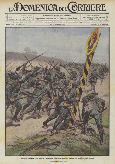 Den italienske hæren er på marsj, den urettferdige grensen forsvinner, fiendens emblemer faller av Achille Beltrame