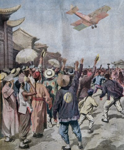 Løytnant Arturo Ferrarin, deltaker i Roma-Tokyo raid, ankommer og vises over himmelen i Shanghai, illustrasjon av Achille Beltrame fra La Domenica del Corriere, 16. mai av Achille Beltrame