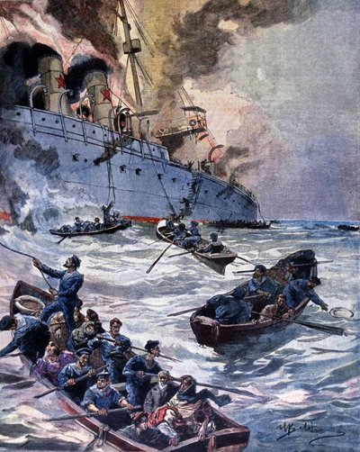Brannen til dampbåten Vittoria ved Alicante. Illustrasjon av Beltrame. Bud søndag. 1899. av Achille Beltrame