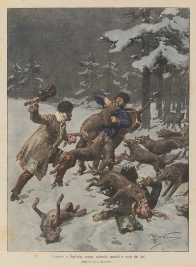 Vinter i Ungarn, lekende sigøynere angrepet og drept av ulv av Achille Beltrame