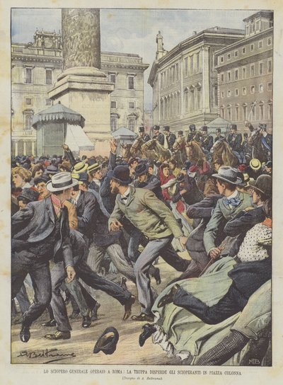 Den generelle arbeiderstreiken i Roma, troppen sprer de streikende på Piazza Colonna av Achille Beltrame