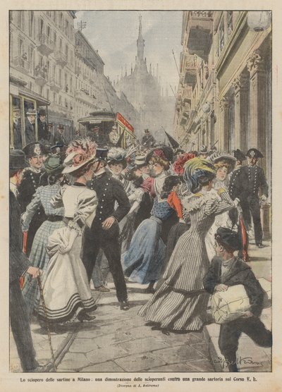 Skredderstreiken i Milano, en demonstrasjon av de streikende mot et stort skredderverksted på Corso V E av Achille Beltrame