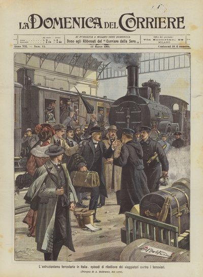 Jernbanehindringer i Italia, episoder med opprør fra reisende mot jernbanearbeidere av Achille Beltrame