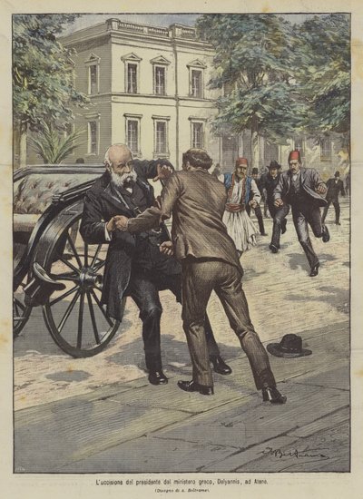 Drapet på presidenten for det greske departementet, Deliyannis, i Athen av Achille Beltrame