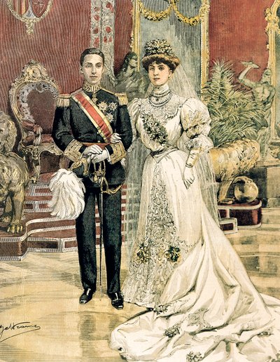 Ekteskap med kong Alfonso XIII av Spania og prinsesse Ena av Battenberg, Achille Beltrame (1871-1945) fra La Domenica del Corriere, 3. juni av Achille Beltrame