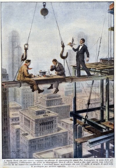 Måltid av to formenn i balanse på rammen av en skyskraper i New York - tegning av A. Beltrame, i "La Domenica del Corriere"" av Achille Beltrame