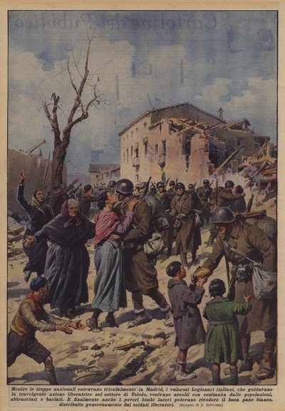 Mens de nasjonale troppene triumferende gikk inn i Madrid, de modige italienske legionærene? av Achille Beltrame