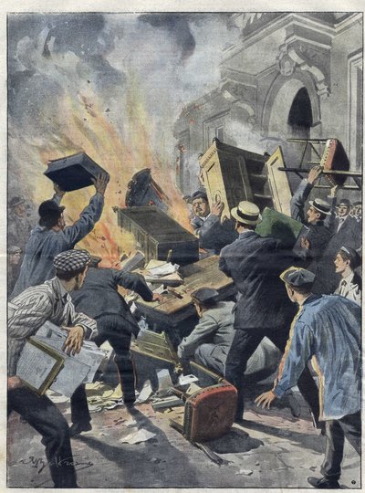 Midi-vinkrise i 1907: vinprodusenter satte fyr på rådhuset i Beziers (Herault). Illustrasjon av Achille Beltrame fra 1907. av Achille Beltrame
