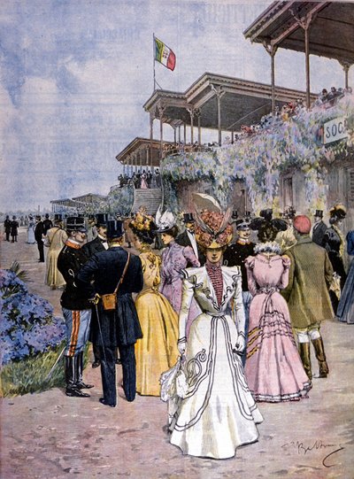 Milano: hesteveddeløp på veddeløpsbanen San Siro: utdeling av handelsprisen (Premio del commercio). Illustrasjon av Beltrame. Domenica del corriere. 1899. av Achille Beltrame