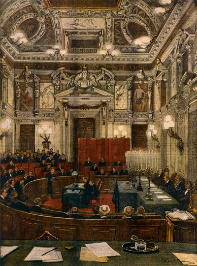 Milans nye bystyre i møte, av Achille Beltrame (1871-1945), fra La Domenica del Corriere av Achille Beltrame