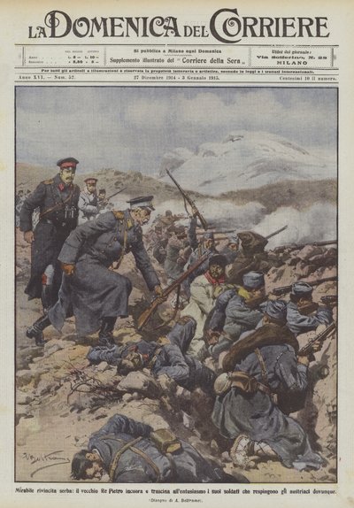 Beundringsverdig serbisk hevn, gamle kong Peter oppmuntret og lokket soldatene sine med entusiasme? av Achille Beltrame