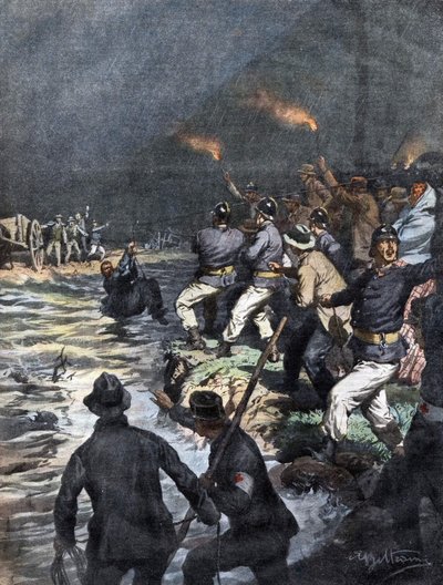 Mirakuløs redning av vognkjørere blokkert på en øy ved elven Serio nær Bergamo - Illustrasjon av Beltrame i "La Domenica del Corriere"" 10/1909 av Achille Beltrame