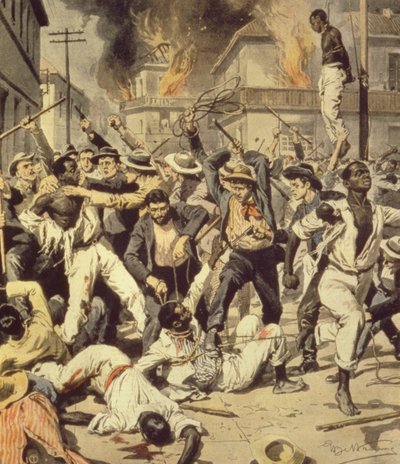 Mob som jakter på svarte i Springfield, Illinois, Achille Beltrame (1871-1945) fra La Domenica del Corriere, august 1908 av Achille Beltrame