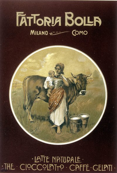 Mor får babyen til å drikke kumelk - Fattoria Bolla reklameplakat (plakat) av Achille Beltrame