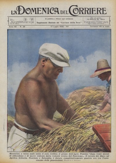 Tresker Mussolini, uten overkropp i solen, hveten til Agro Pontino etter tjue århundrer? av Achille Beltrame
