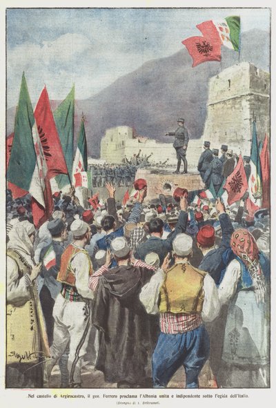 I slottet Gjirokastra proklamerte Gen Ferrero Albania forent og uavhengig under Italias lov av Achille Beltrame
