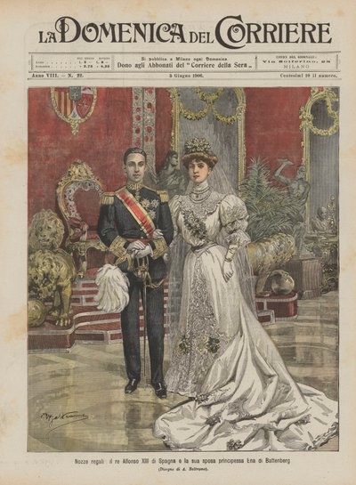 Kongelig bryllup, kong Alfonso XIII av Spania og hans brud prinsesse Ena av Battenberg av Achille Beltrame