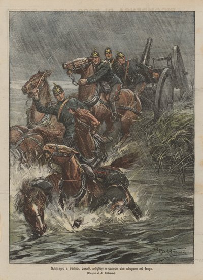 Storm i Berlin, hester, skyttere og kanoner som drukner i gjørma av Achille Beltrame
