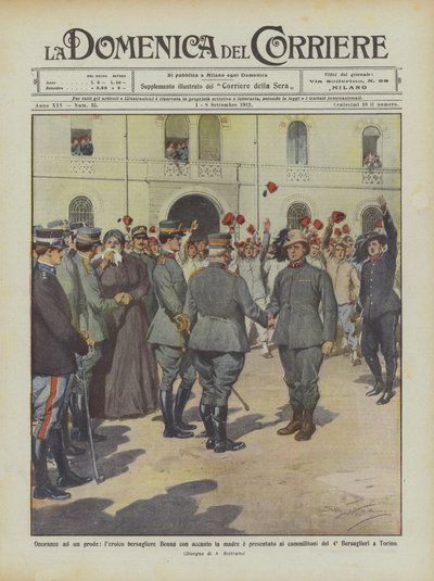 Heder til en modig, heroisk bersagliere Benna med sin mor ved siden av seg og presentert for sine medsoldater? av Achille Beltrame