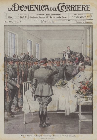 Heder til de modige, overlevering av sølvmedaljen til den frivillige Meregalli av Achille Beltrame