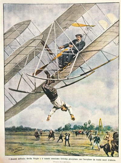 Orville Wright og løytnant Seliridge stuper med biplan fra tretti meter, USA, illustrasjon av Achille Beltrame fra La Domenica del Corriere, 11. oktober av Achille Beltrame