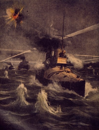 Våre torpedobåter gjør dristig inntog i Dardanellestredet under fiendtlig ild, av Achille Beltrame (1871-1945), illustrasjon fra La Domenica del Corriere av Achille Beltrame