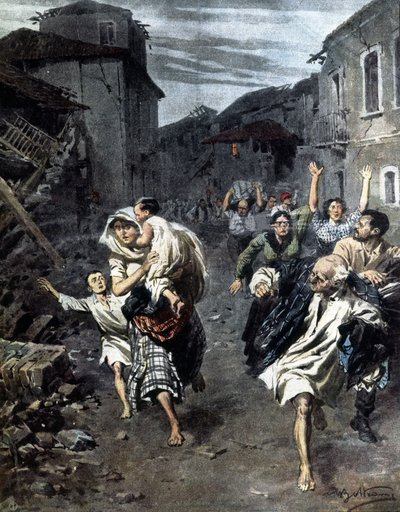 Panikk i Reggio Calabria etter jordskjelvet i 1908. Illustrasjon av Beltrame. 1908 av Achille Beltrame