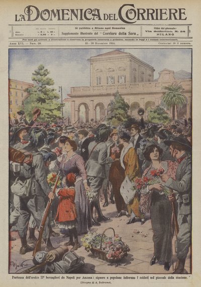 Avgang av den heroiske ll ° bersaglieri fra Napoli for Ancona, damer og vanlige blomst soldatene? av Achille Beltrame