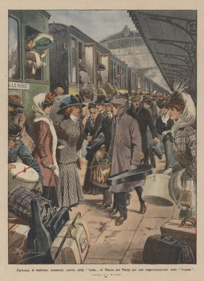 Avreise, av dansere, musikere, korister, fra Scala i Milano til Paris for en representasjon av Vestal Jomfru av Achille Beltrame