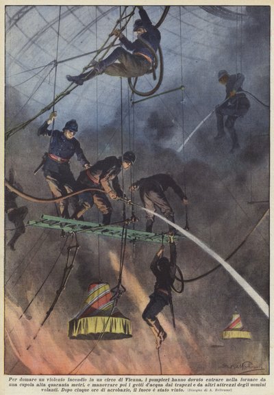 For å slukke en voldsom brann i et sirkus i Wien, måtte brannmennene inn i? av Achille Beltrame