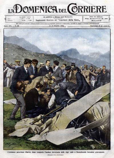 Den peruanske flyveren Chavez krasjet i Domodossola med alvorlige skader etter å ha krysset Alpene. Illustrasjon av Beltrame. 10.02.1910. La Domenica del Corriere. av Achille Beltrame