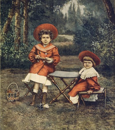 Prinsessene Jolanda og Mafalda, kongens døtre, i hager ved Quirinale, av Achille Beltrame (1871-1945), fra La Domenica del Corriere av Achille Beltrame