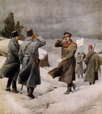 Gjenopptagelse av krigen, tyrkisk parlamentariker som ankommer den bulgarske leiren med melding om slutten av våpenhvilen, av Achille Beltrame (1871-1945), illustrasjon fra La Domenica del Corriere, 9. februar av Achille Beltrame