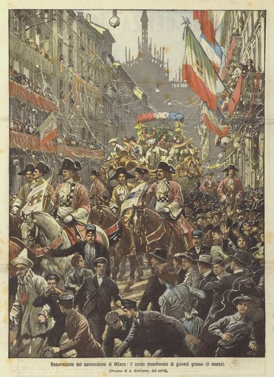 Oppstandelsen av karnevalet i Milano, det maskerte kurset på skjærtorsdag (9. mars) av Achille Beltrame