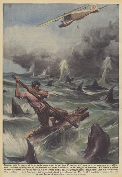 Forlatt alene på havet, utenfor den amerikanske kysten, etter at et skip forliste? av Achille Beltrame