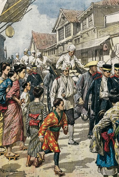 Den russisk-japanske krigen (1904-1905). Ankomst til Tokyo av de første skadde i slaget ved Ya-Lu (februar 1904). Bilde av Achille Beltrame for «La Domenica del Corriere». Etsning. av Achille Beltrame