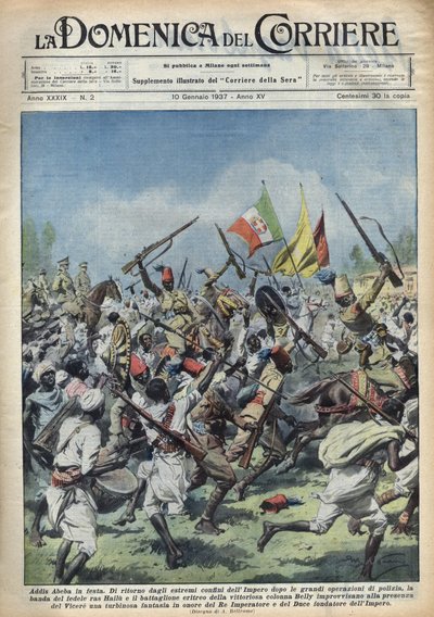 Addis Abeba, Etiopia - Ras Hailou - Store politioperasjoner Parade til ære for hertugen (Benito Mussolini) og kongen av Etiopia. Illustrasjon av Achille Beltrame i "The Domenica of the Corridor"" 10/01/1 av Achille Beltrame