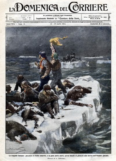Selfiskere, hvorav noen døde, forble strandet på havets drivende is. ill. de Beltrame. "" La Domenica del corriere"". 12.-19.04.1914. av Achille Beltrame