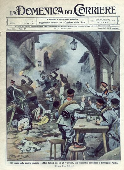 Andre Balkankrig (1913) mellom Bulgaria og Hellas og Tyrkia: Bulgarske soldater satte fyr og ødelegger Nigrita i Hellas. La Domenica del Corriere. 07/1913. Illustrasjon av Beltrame. av Achille Beltrame