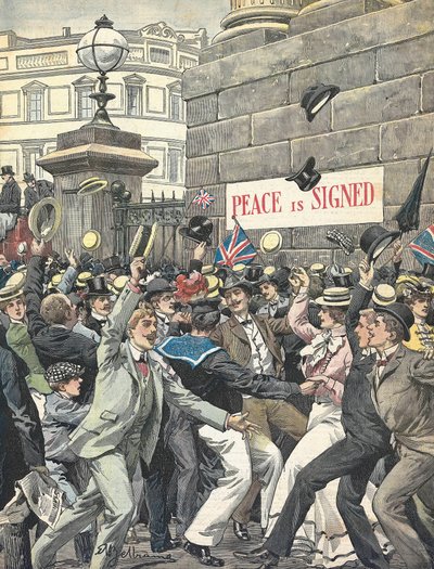 Andre boerkrig. Kunngjøring om slutten av krigen i Londons gater. Illustrasjon av Antonio Beltrame. "The Domenica of the Courier" av Achille Beltrame