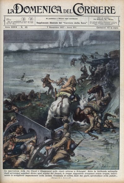 Andre kinesisk-japanske krig (1937-1945): sammenstøt i rismarker nær Shanghai. Illustrasjon av Achille Beltrame fra "La Domenica del Corriere" "av 07/11/1937. av Achille Beltrame