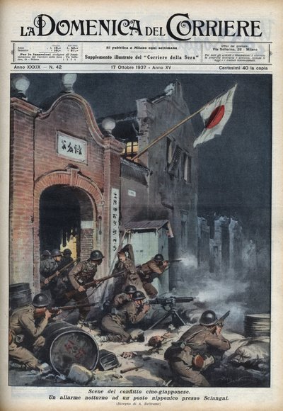 Andre kinesisk-japanske krig (1937-1945): sammenstøt nær Shanghai. Illustrasjon av Achille Beltrame fra "La Domenica del Corriere" "av 17/10/1937. av Achille Beltrame