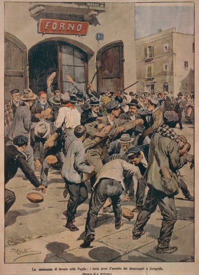 Alvorlig arbeidsmangel i Apulia, ovner som blir stormet av Cerignolas arbeidsledige, av Achille Beltrame, illustrasjon, Illustratør Achille Beltrame (1871-1945), fra La Domenica del Corriere, 20. desember 1908 av Achille Beltrame