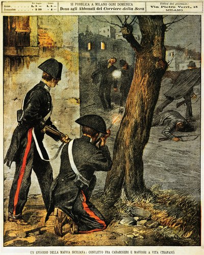 Siciliansk mafiabegivenhet, Kamp mellom carabinieri og mafiagangstere i Trapani, av Achille Beltrame, illustrasjon, illustratør Achille Beltrame (1871-1945), fra La Domenica del Corriere, 31. desember 1899 av Achille Beltrame
